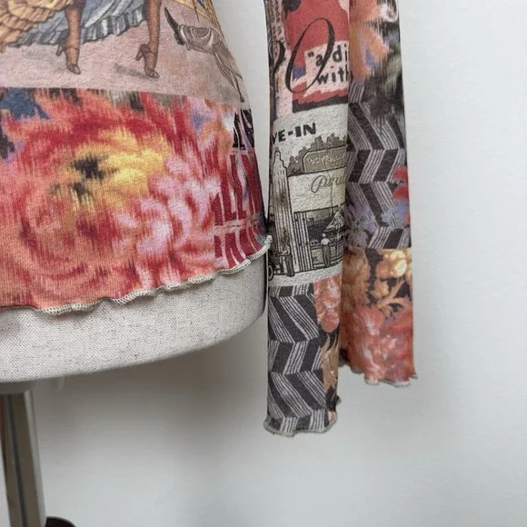 Y2K Vibrant Hawaiian Print Top Womens Medium* Hula Girl Lettuce Hem Dainty Fairy - Picture 7 of 12